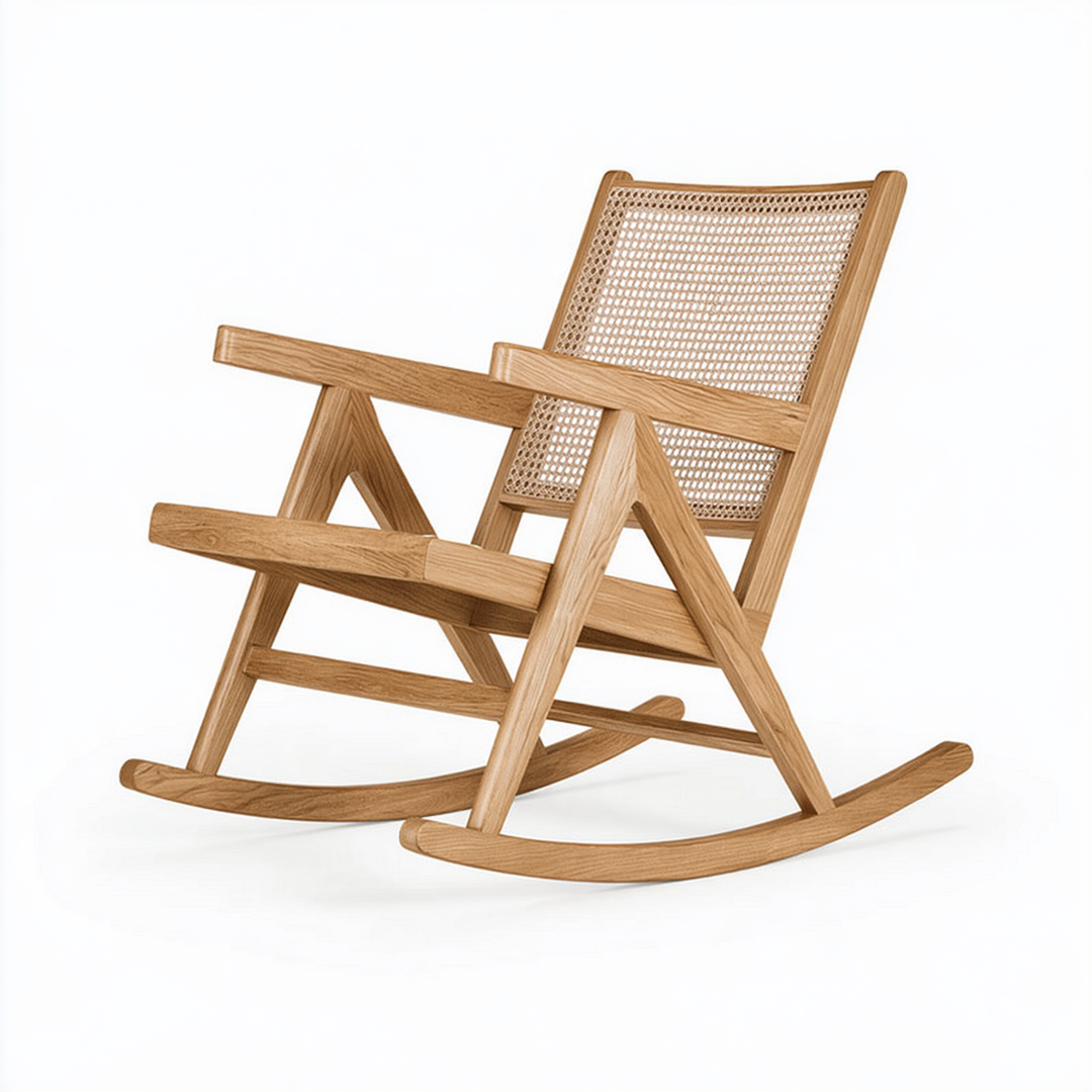 Fauteuil à bascule 68 x 90 x 100 cm en bois naturel et cannage style scandinave