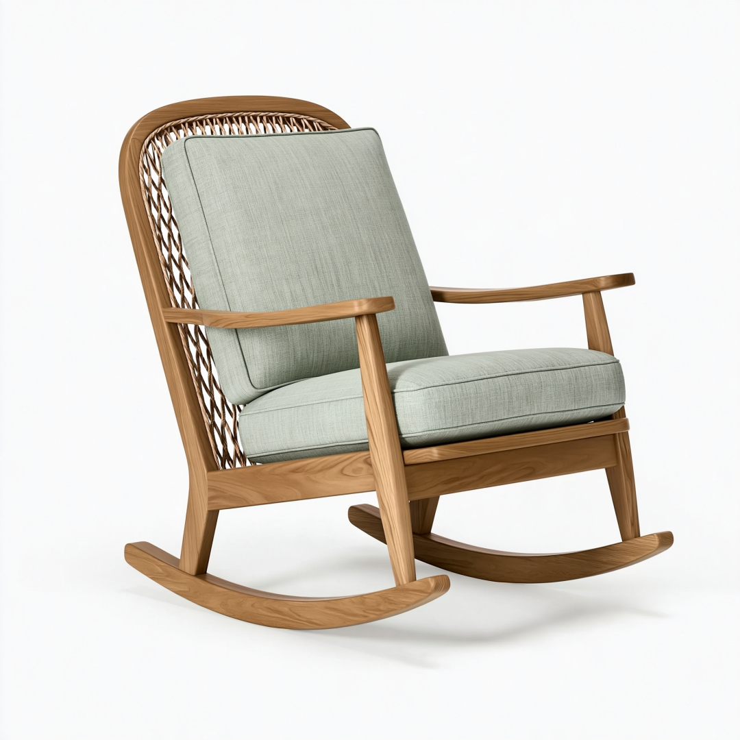 Fauteuil à bascule 75 x 95 x 105 cm bois brun tissu vert sauge style naturel