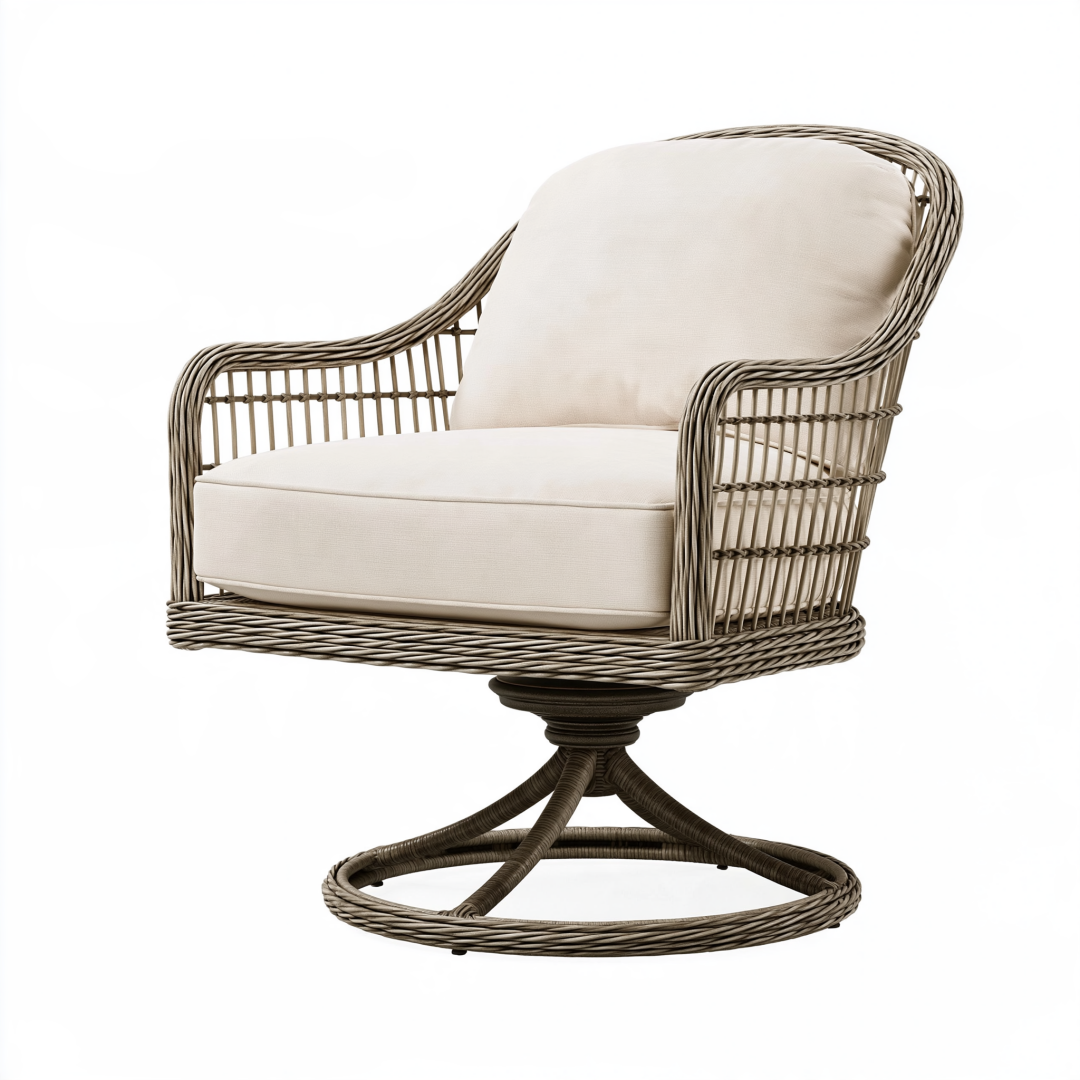 Fauteuil pivotant 82 x 80 x 94 cm en rotin brun avec assise beige style bohème