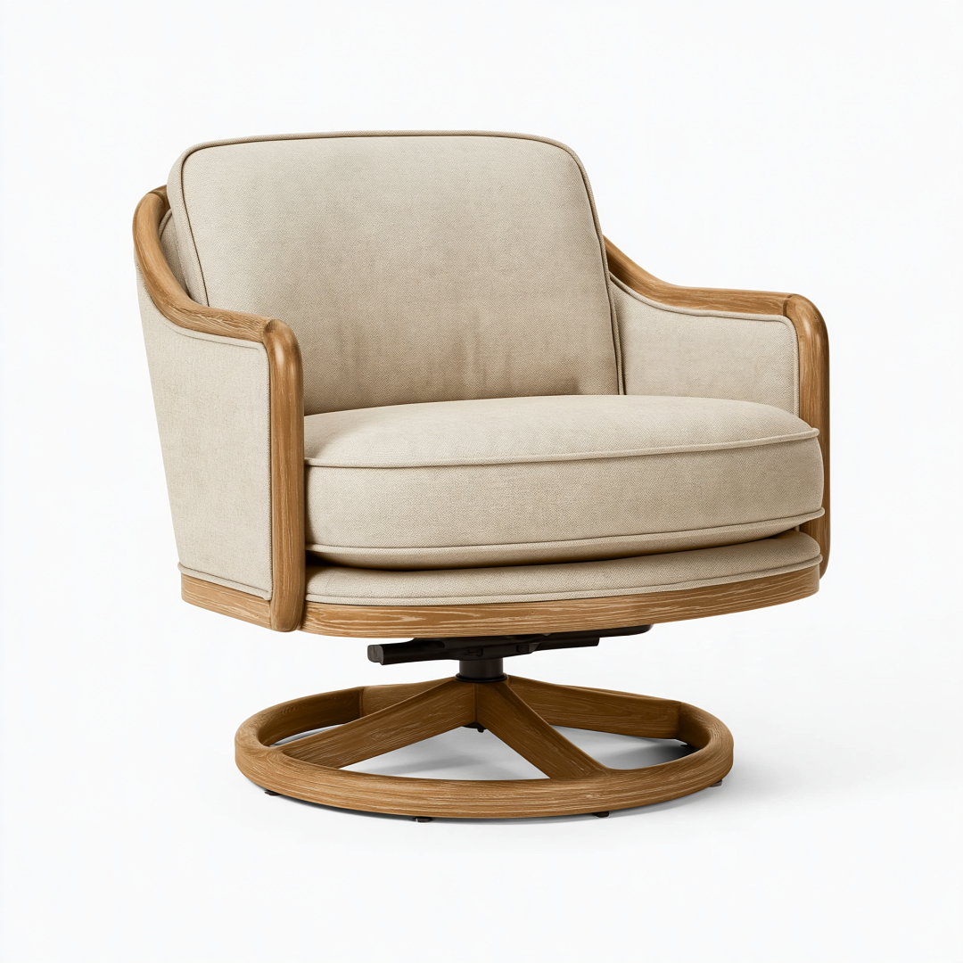 Fauteuil pivotant 82 x 85 x 86 cm en tissu beige avec structure effet bois