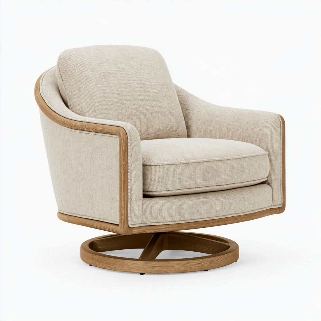 Fauteuil pivotant 82 x 78 x 86 cm en tissu beige et bois style contemporain