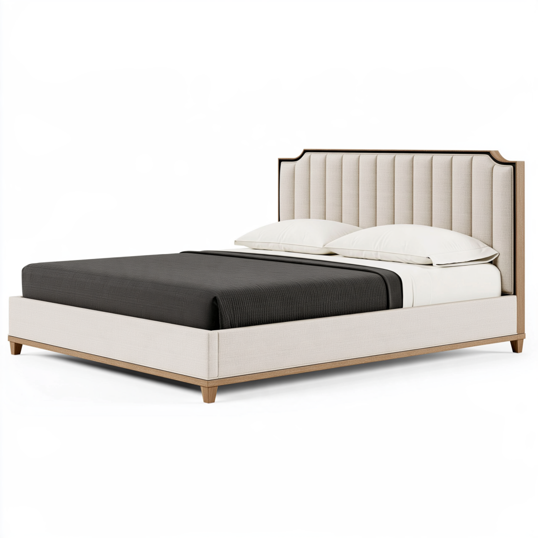 Lit double 160 x 200 cm en tissu beige et bois - tête de lit capitonnée style contemporain