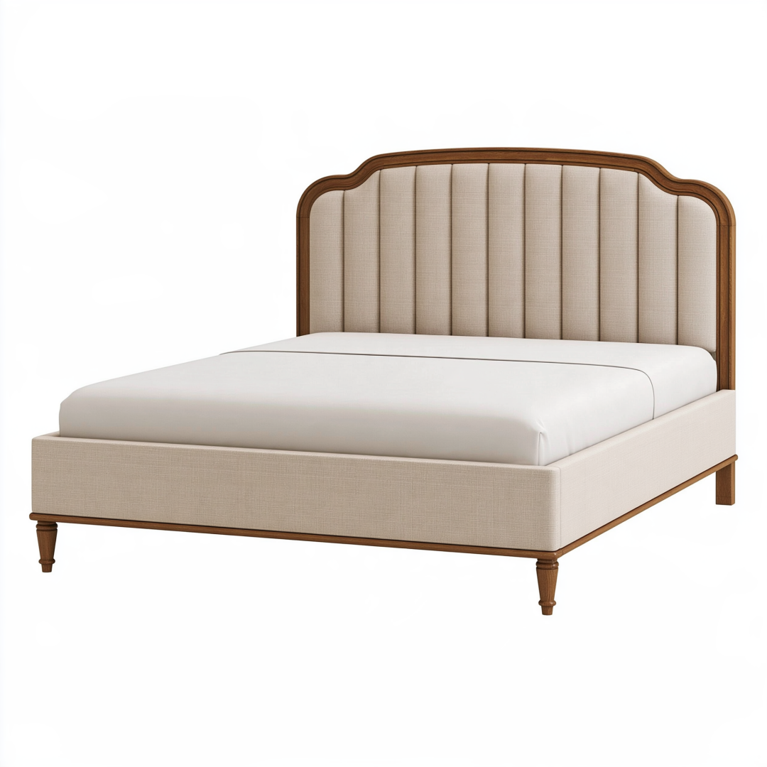 Lit double 160 x 200 cm en bois et tissu beige style classique avec tête de lit capitonnée
