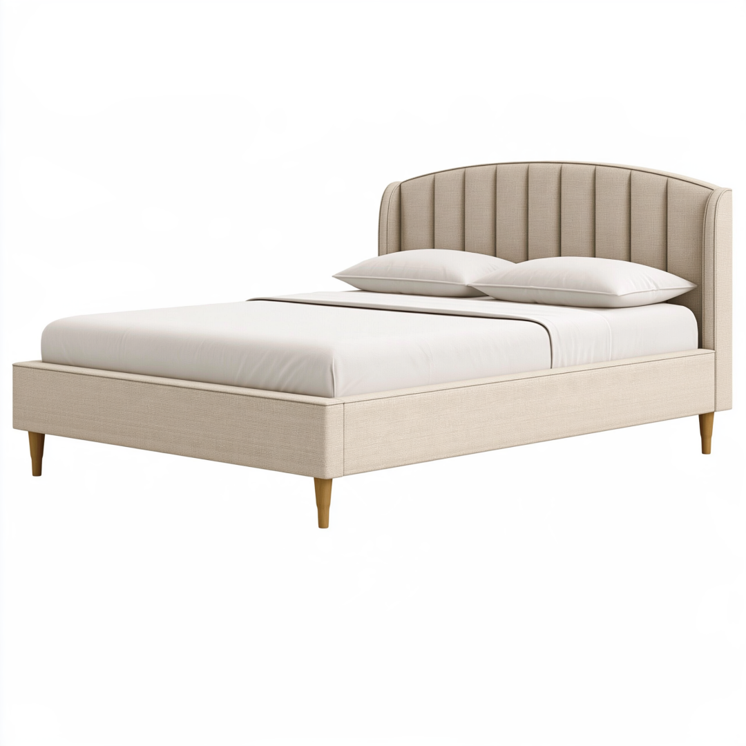 Lit double 160 x 200 cm en tissu beige - tête de lit capitonnée style contemporain