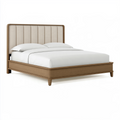 Lit double 160 x 200 cm en bois marron et tissu beige à tête de lit capitonnée
