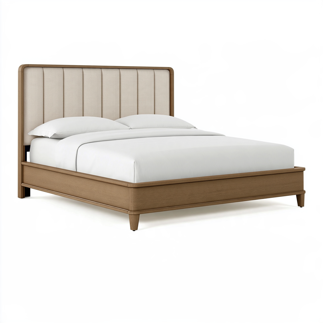 Lit double 160 x 200 cm en bois marron et tissu beige à tête de lit capitonnée