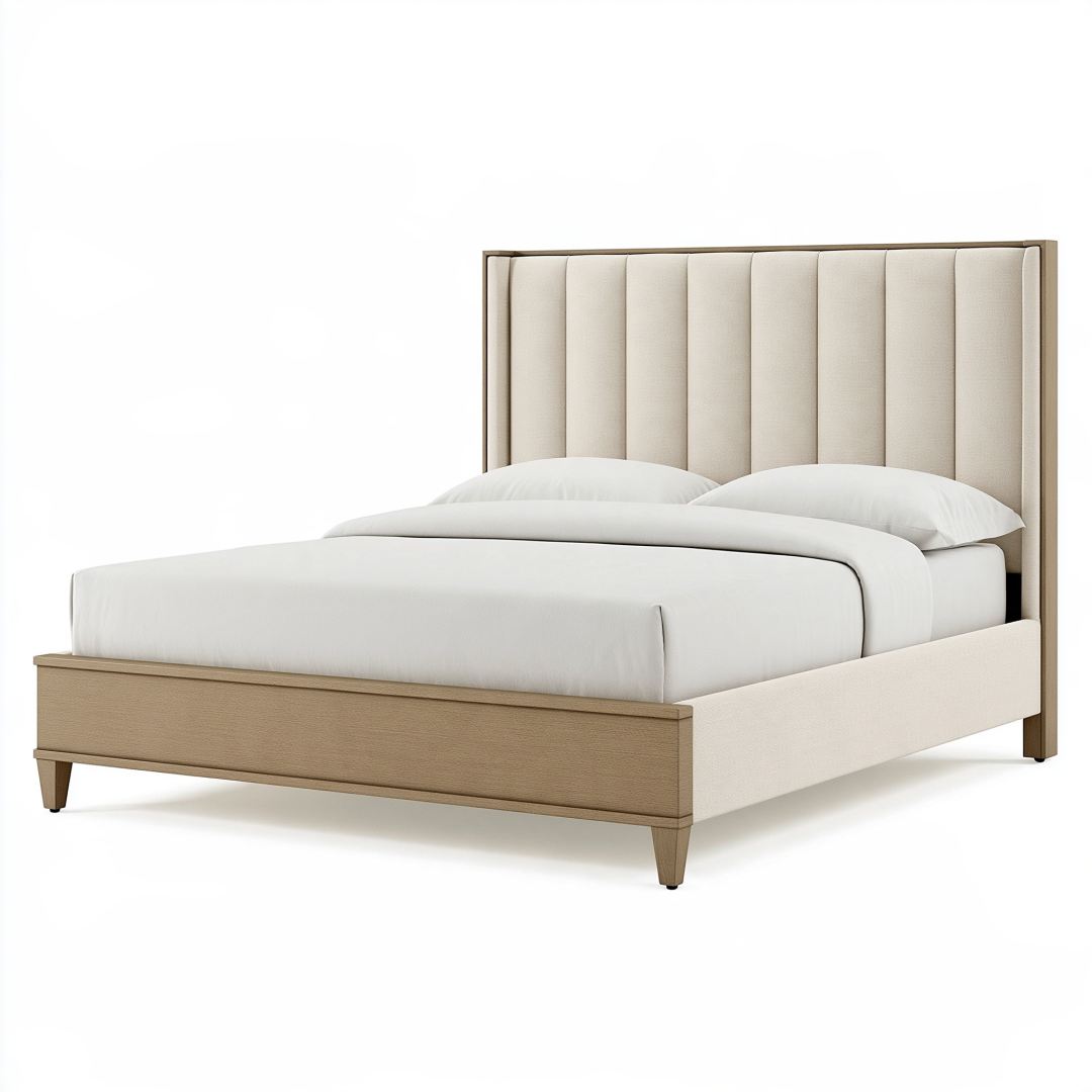Lit 160 x 200 cm en bois et tissu beige à tête de lit capitonnée style contemporain