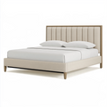 Lit 160 x 200 cm en tissu beige avec tête de lit capitonnée et pieds en bois