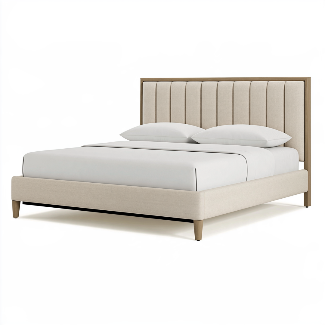 Lit 160 x 200 cm en tissu beige avec tête de lit capitonnée et pieds en bois