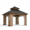 Pavillon de jardin 300 x 300 cm en bois marron toit métallique noir avec rideaux
