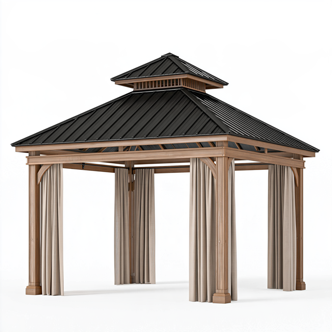 Pavillon de jardin 300 x 300 x 300 cm en bois et métal noir avec rideaux style classique