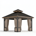 Tonnelle de jardin 300 x 300 x 300 cm en acier noir avec rideaux beiges et toit double pente