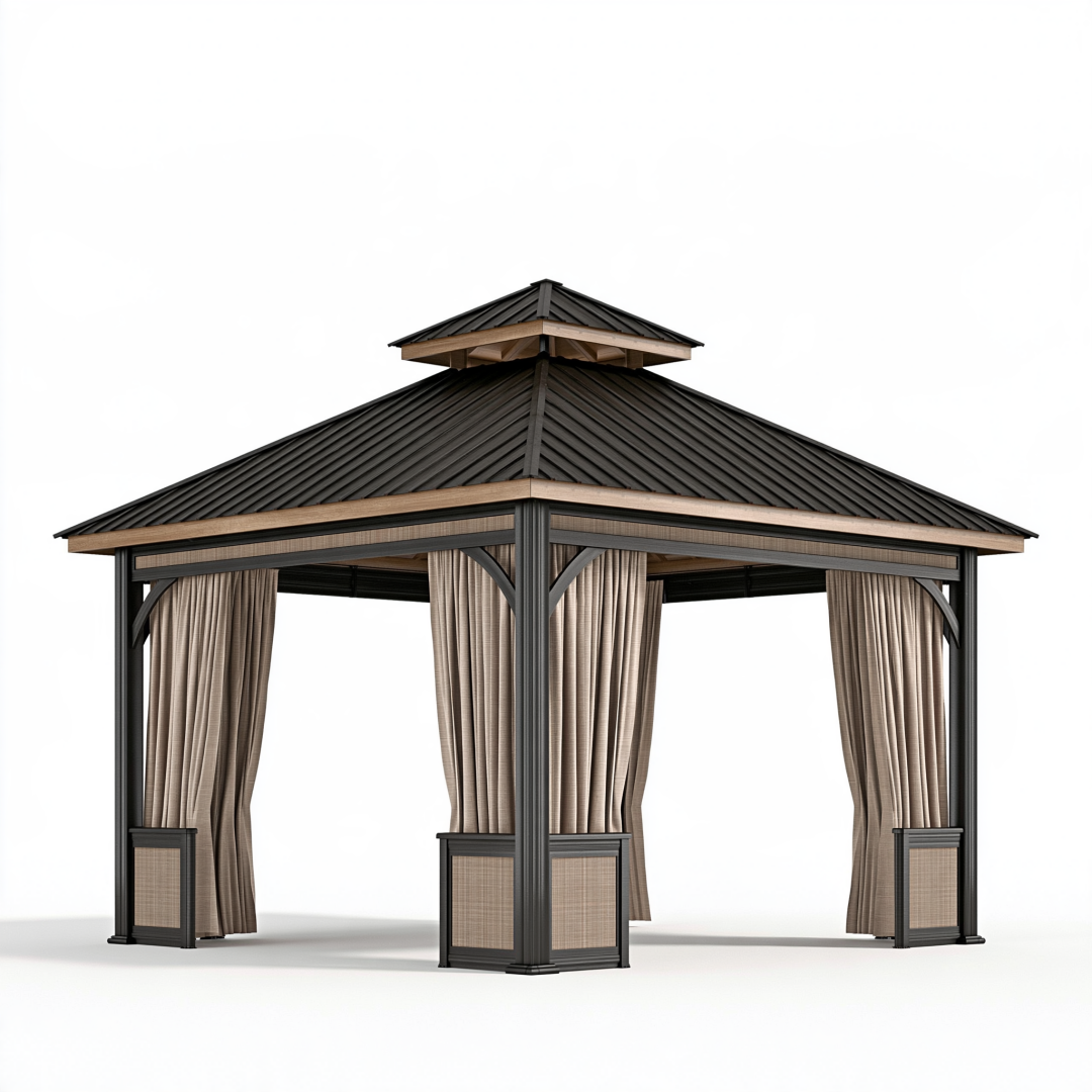 Tonnelle de jardin 300 x 300 x 300 cm en acier noir avec rideaux beiges et toit double pente