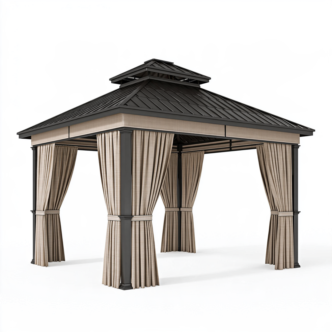 Tonnelle de jardin 300 x 300 x 300 cm en métal noir et beige avec rideaux toit ventilé