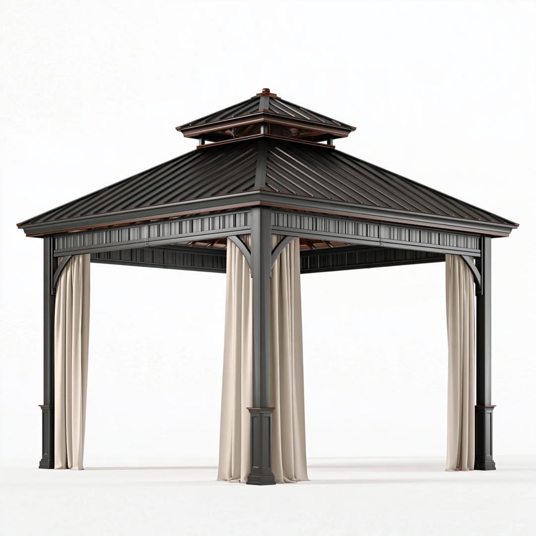 Tonnelle de jardin 300 x 300 x 300 cm en acier noir avec rideaux style pavillon
