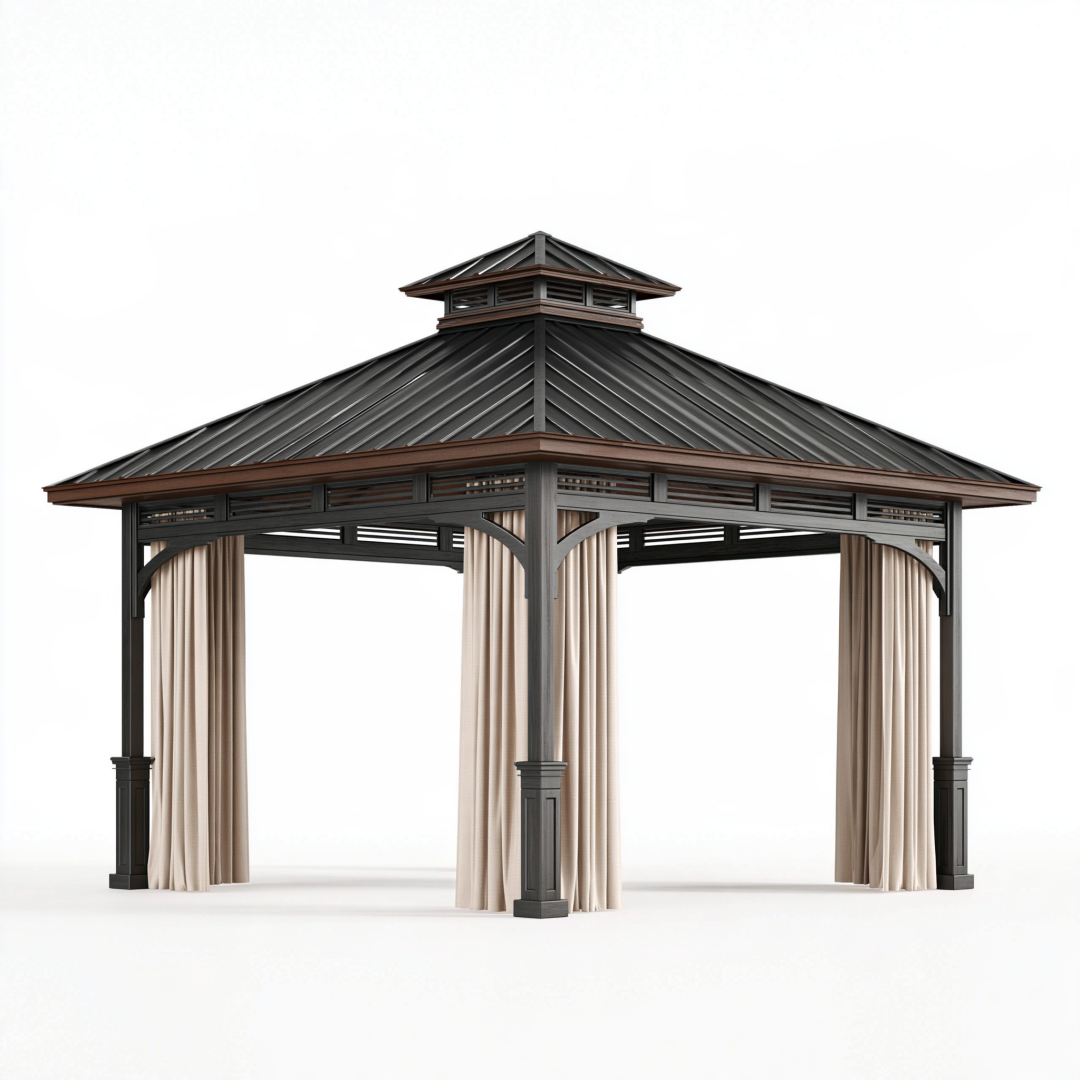Tonnelle de jardin 400 x 400 x 320 cm en métal noir et brun avec toit rigide et rideaux