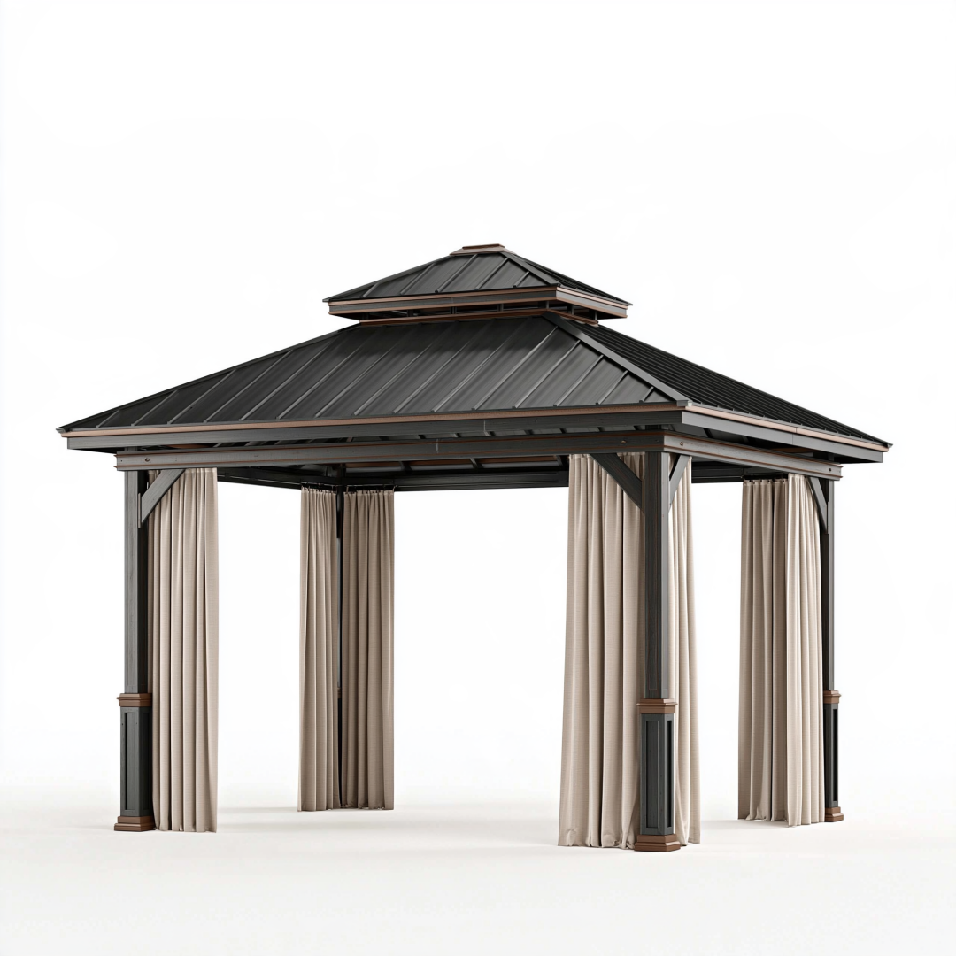 Tonnelle de jardin 300 x 300 x 300 cm acier noir avec rideaux beiges toit double ventilé