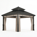 Tonnelle de jardin 400 x 400 cm en métal noir avec rideaux beiges style pavillon