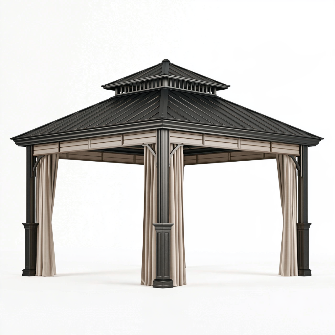 Tonnelle de jardin 400 x 400 cm en métal noir avec rideaux beiges style pavillon