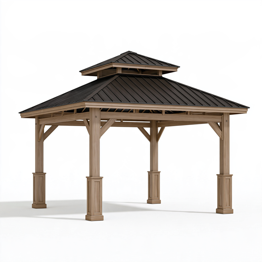 Tonnelle de jardin 400 x 400 x 330 cm en bois brun avec toit métallique noir - abri extérieur pavillonnaire