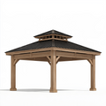 Tonnelle de jardin 400 x 400 cm en bois naturel avec toit métallique noir ventilé