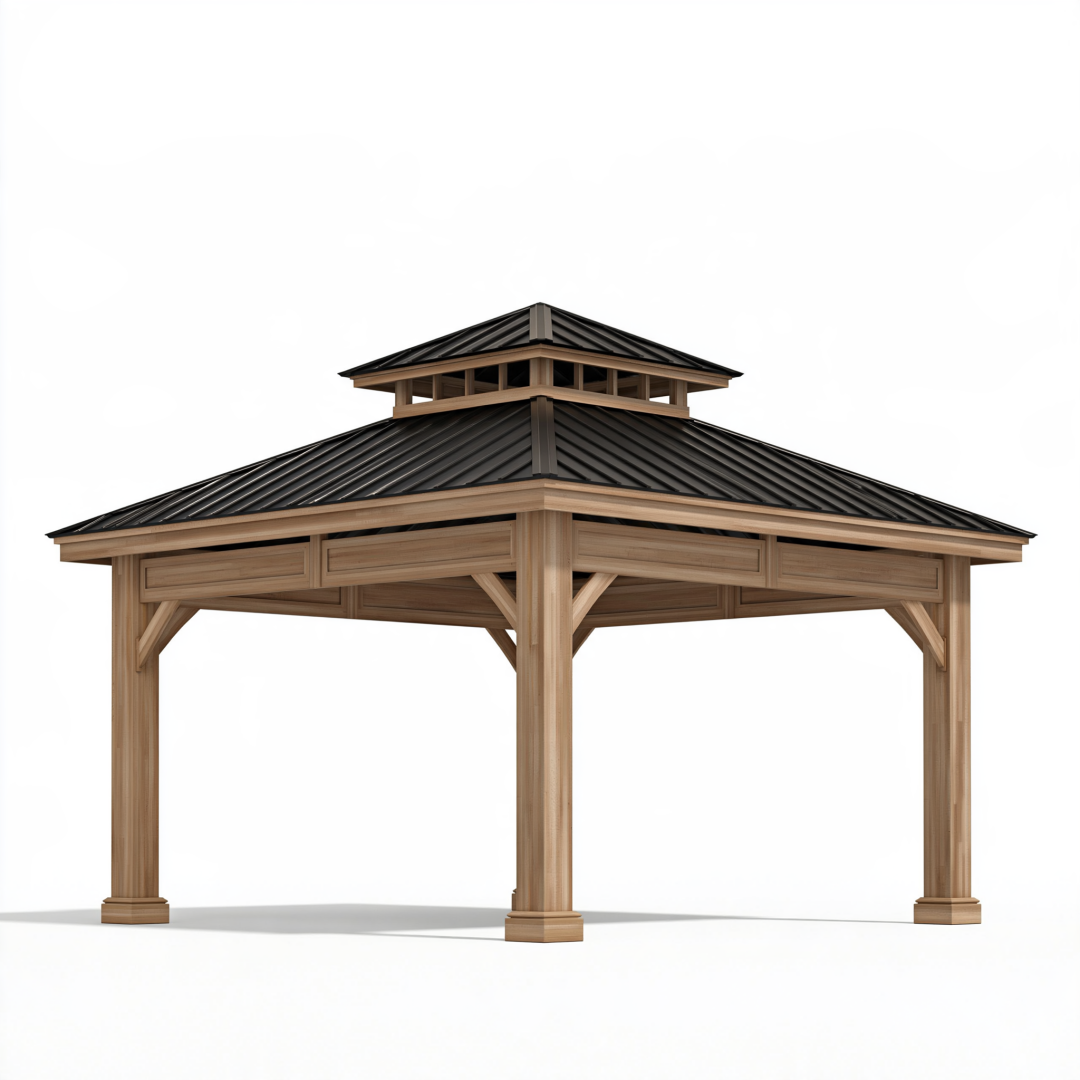 Tonnelle de jardin 400 x 400 cm en bois naturel avec toit métallique noir ventilé